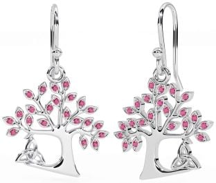 Pink Tourmaline White Gold Celtic Tree of Life Trinity Knot Dangle Earrings