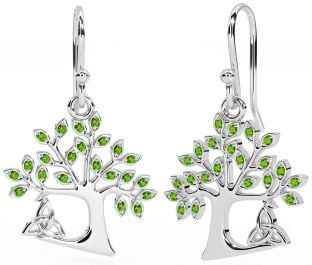 Peridot White Gold Celtic Tree of Life Trinity Knot Dangle Earrings