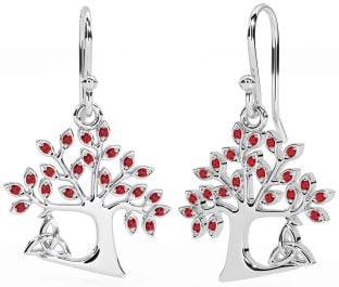 Ruby White Gold Celtic Tree of Life Trinity Knot Dangle Earrings