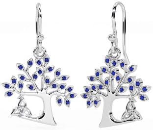 Sapphire White Gold Celtic Tree of Life Trinity Knot Dangle Earrings