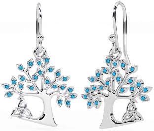 Topaz White Gold Celtic Tree of Life Trinity Knot Dangle Earrings