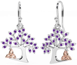 Amethyst White Rose Gold Celtic Tree of Life Trinity Knot Dangle Earrings