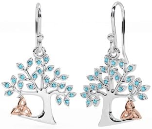 Aquamarine White Rose Gold Celtic Tree of Life Trinity Knot Dangle Earrings