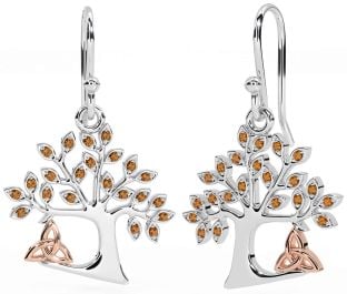 Citrine White Rose Gold Celtic Tree of Life Trinity Knot Dangle Earrings