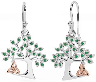 Emerald White Rose Gold Celtic Tree of Life Trinity Knot Dangle Earrings