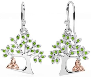 Peridot White Rose Gold Celtic Tree of Life Trinity Knot Dangle Earrings