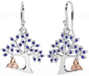 Sapphire White Rose Gold Celtic Tree of Life Trinity Knot Dangle Earrings