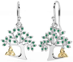 Emerald White Yellow Gold Celtic Tree of Life Trinity Knot Dangle Earrings