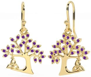 Amethyst Gold Celtic Tree of Life Trinity Knot Dangle Earrings