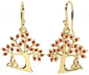 Ruby Gold Celtic Tree of Life Trinity Knot Dangle Earrings