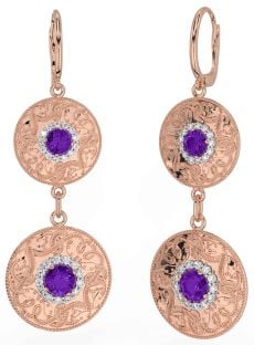 Diamond Amethyst Rose Gold Silver Celtic Warrior Dangle Earrings