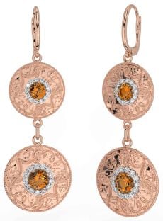 Diamond Citrine Rose Gold Silver Celtic Warrior Dangle Earrings