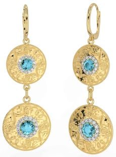 Diamond Aquamarine Gold Silver Celtic Warrior Dangle Earrings