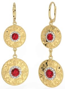 Diamond Ruby Gold Silver Celtic Warrior Dangle Earrings