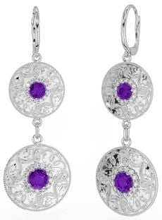 Diamond Amethyst Silver Celtic Warrior Dangle Earrings