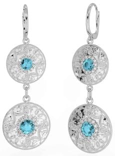 Diamond Aquamarine Silver Celtic Warrior Dangle Earrings