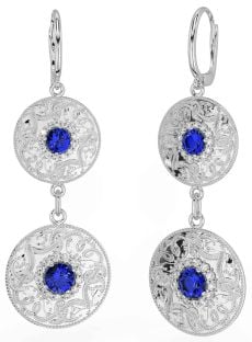 Diamond Sapphire Silver Celtic Warrior Dangle Earrings