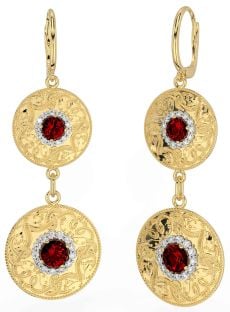 Diamond Garnet Gold Celtic Warrior Dangle Earrings