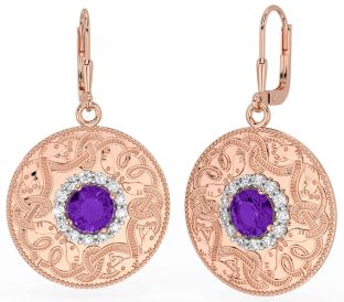 Diamond Amethyst Rose Gold Silver Celtic Warrior Dangle Earrings