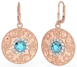 Diamond Aquamarine Rose Gold Silver Celtic Warrior Dangle Earrings