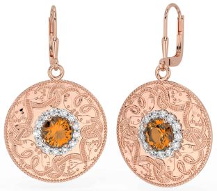 Diamond Citrine Rose Gold Silver Celtic Warrior Dangle Earrings