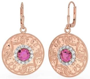 Diamond Pink Tourmaline Rose Gold Silver Celtic Warrior Dangle Earrings