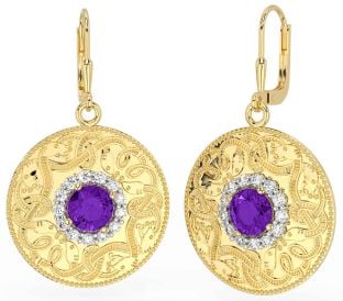 Diamond Amethyst Gold Silver Celtic Warrior Dangle Earrings