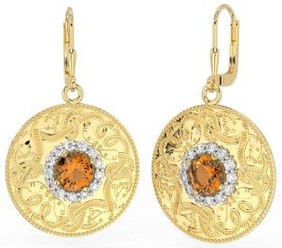 Diamond Citrine Gold Silver Celtic Warrior Dangle Earrings