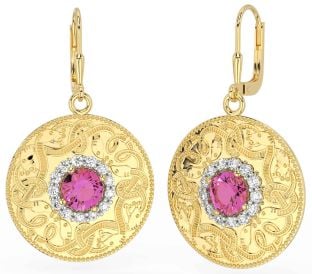 Diamond Pink Tourmaline Gold Silver Celtic Warrior Dangle Earrings