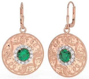 Diamond Emerald Rose Gold Celtic Warrior Dangle Earrings