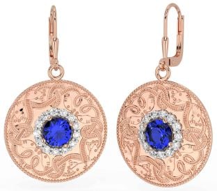 Diamond Sapphire Rose Gold Celtic Warrior Dangle Earrings