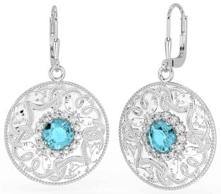 Diamond Aquamarine Silver Celtic Warrior Dangle Earrings