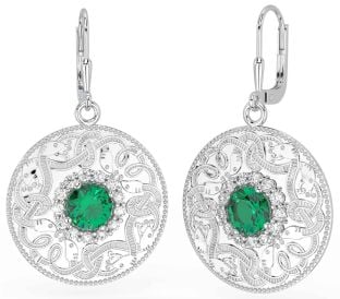 Diamond Emerald Silver Celtic Warrior Dangle Earrings