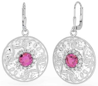 Diamond Pink Tourmaline Silver Celtic Warrior Dangle Earrings