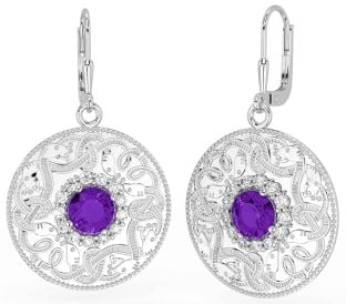 Diamond Amethyst White Gold Celtic Warrior Dangle Earrings