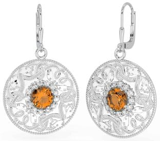 Diamond Citrine White Gold Celtic Warrior Dangle Earrings