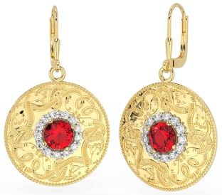 Diamond Ruby Gold Celtic Warrior Dangle Earrings