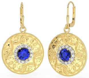 Diamond Sapphire Gold Celtic Warrior Dangle Earrings