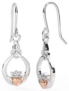 Rose Gold Silver Claddagh Dangle Earrings