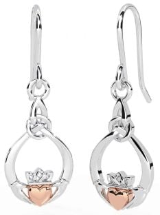 Rose Gold Silver Claddagh Dangle Earrings