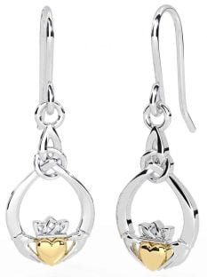 White Yellow Gold Claddagh Dangle Earrings