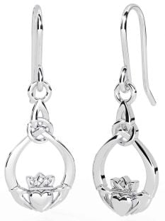 White Gold Claddagh Dangle Earrings