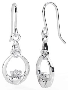 White Gold Claddagh Dangle Earrings