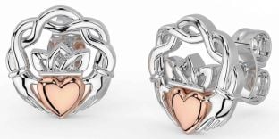 White Rose Gold Celtic Claddagh Stud Earrings