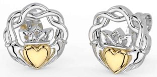 White Yellow Gold Celtic Claddagh Stud Earrings