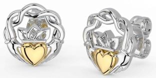 White Yellow Gold Celtic Claddagh Stud Earrings