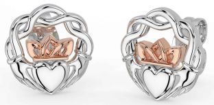 Rose Gold Silver Celtic Claddagh Stud Earrings