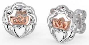 Rose Gold Silver Celtic Claddagh Stud Earrings