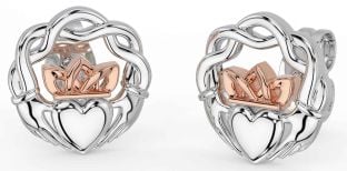 White Rose Gold Celtic Claddagh Stud Earrings