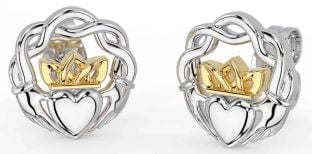 White Yellow Gold Celtic Claddagh Stud Earrings